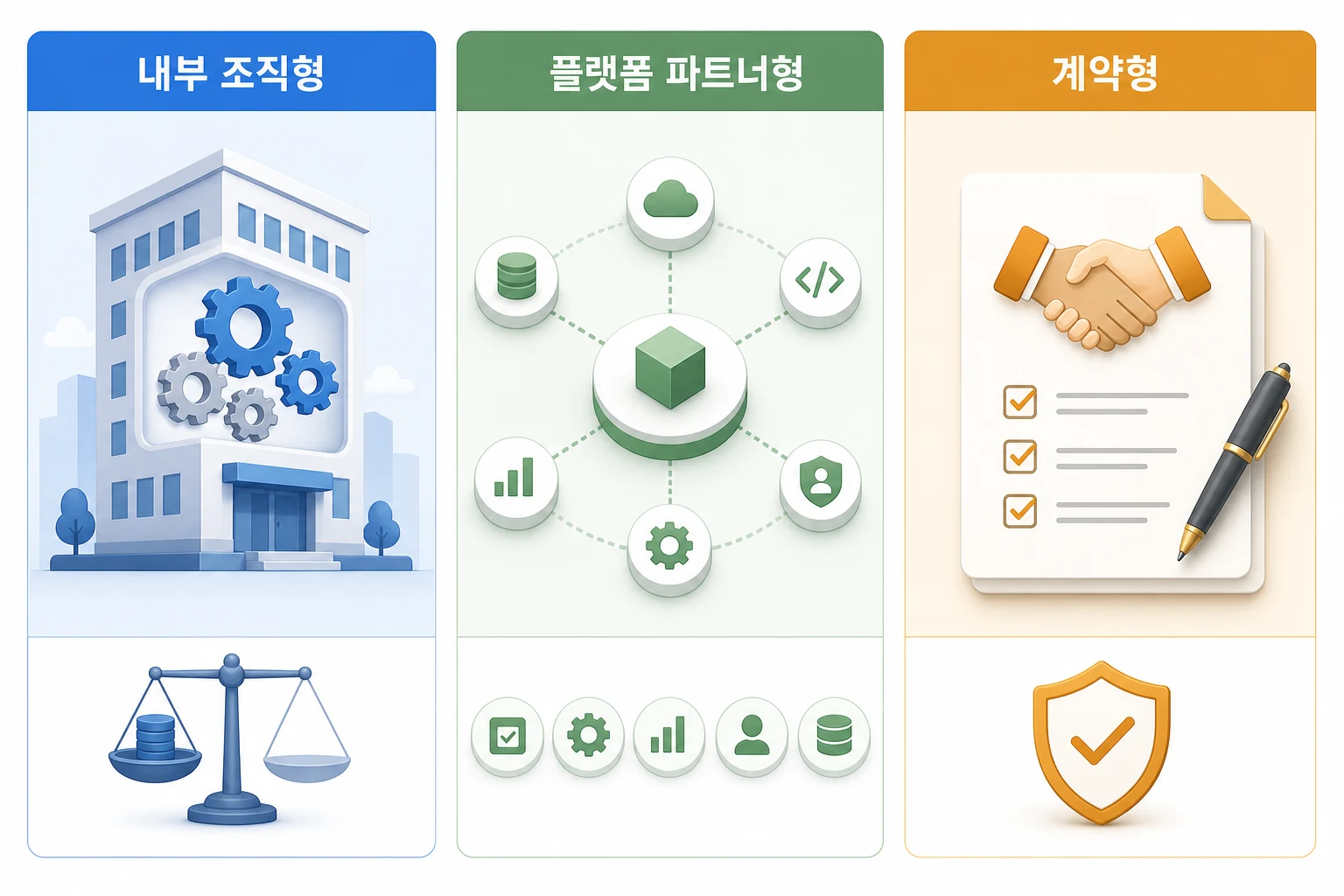 FDE 운영 유형 비교 — 내부 조직형 vs 플랫폼 파트너형 vs 계약형 국내 FDE 운영 유형 세 가지 비교: 내부 조직형, 플랫폼 파트너형, 계약형 개발사의 구조와 적합 조건을 나타낸 다이어그램