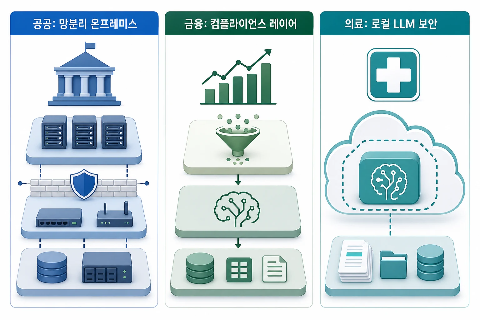 공공·금융·의료 업종별 버티컬 AI 구현 방식 비교 다이어그램 — 공공은 망분리 온프레미스, 금융은 컴플라이언스 레이어, 의료는 로컬 LLM 보안 구조를 각각 도식화