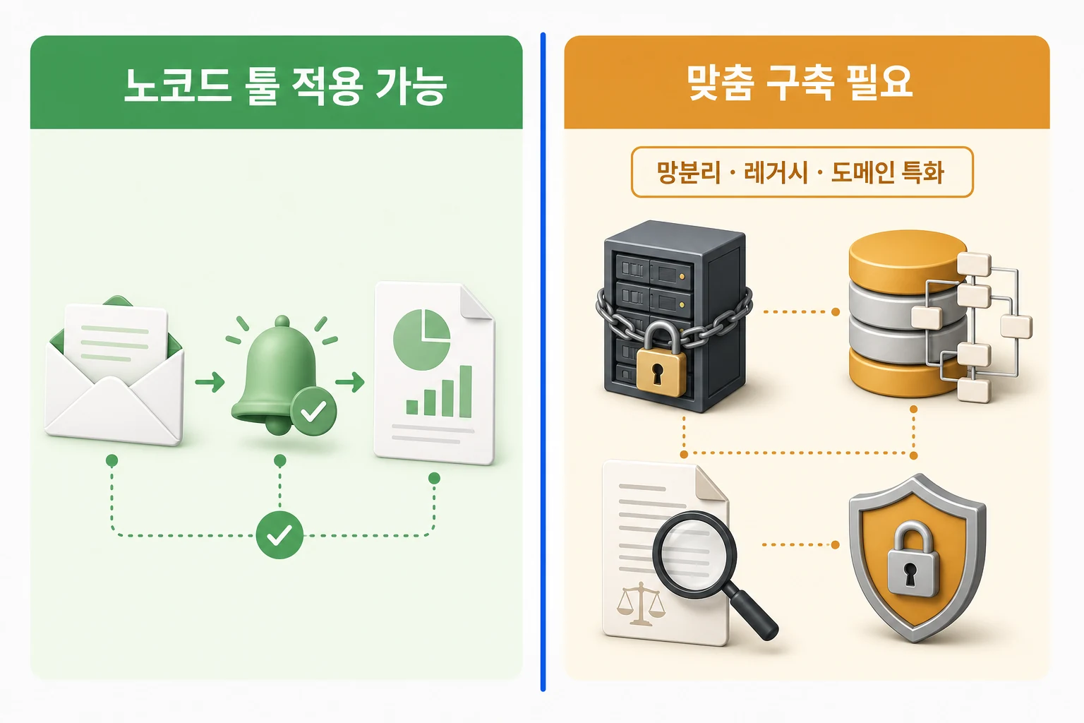 노코드 AI 자동화 툴의 적용 가능 범위와 한계 조건 비교 노코드 자동화 툴로 해결되는 업무와 해결되지 않는 업무를 두 패널로 비교한 다이어그램
