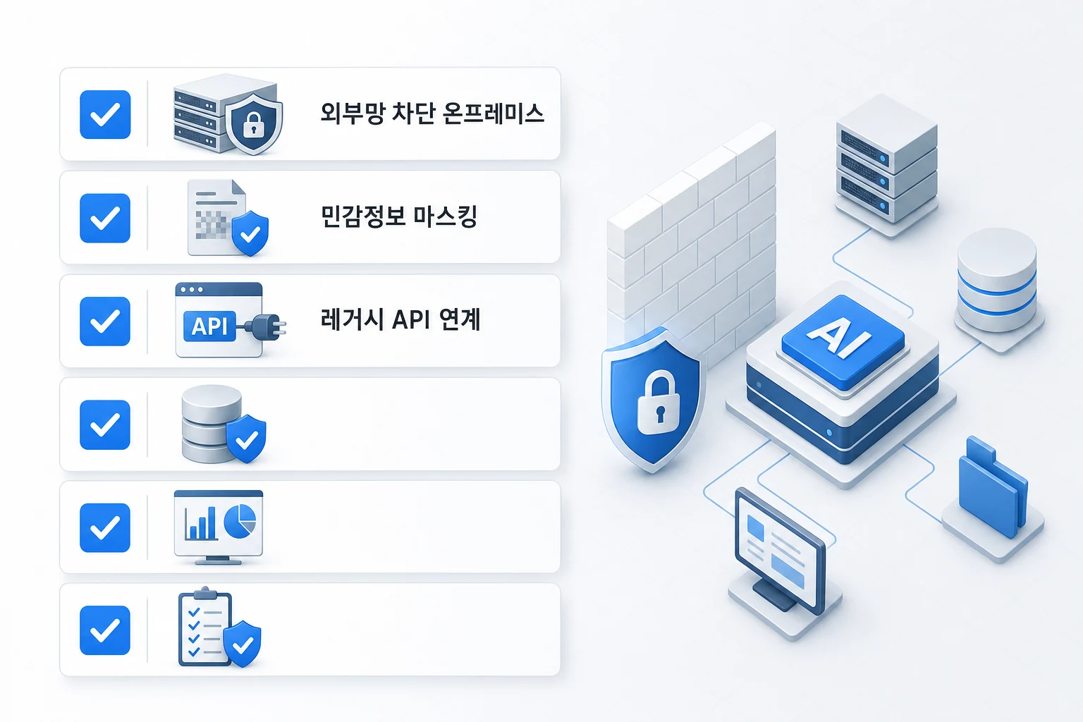 폐쇄망 AI 구축 전 필수 기술 요건 6가지 체크리스트 다이어그램 — 외부망 차단 온프레미스 구축 가능 여부, 민감정보 마스킹 처리 방식, 레거시 시스템 API 연계 검토 등 항목 포함