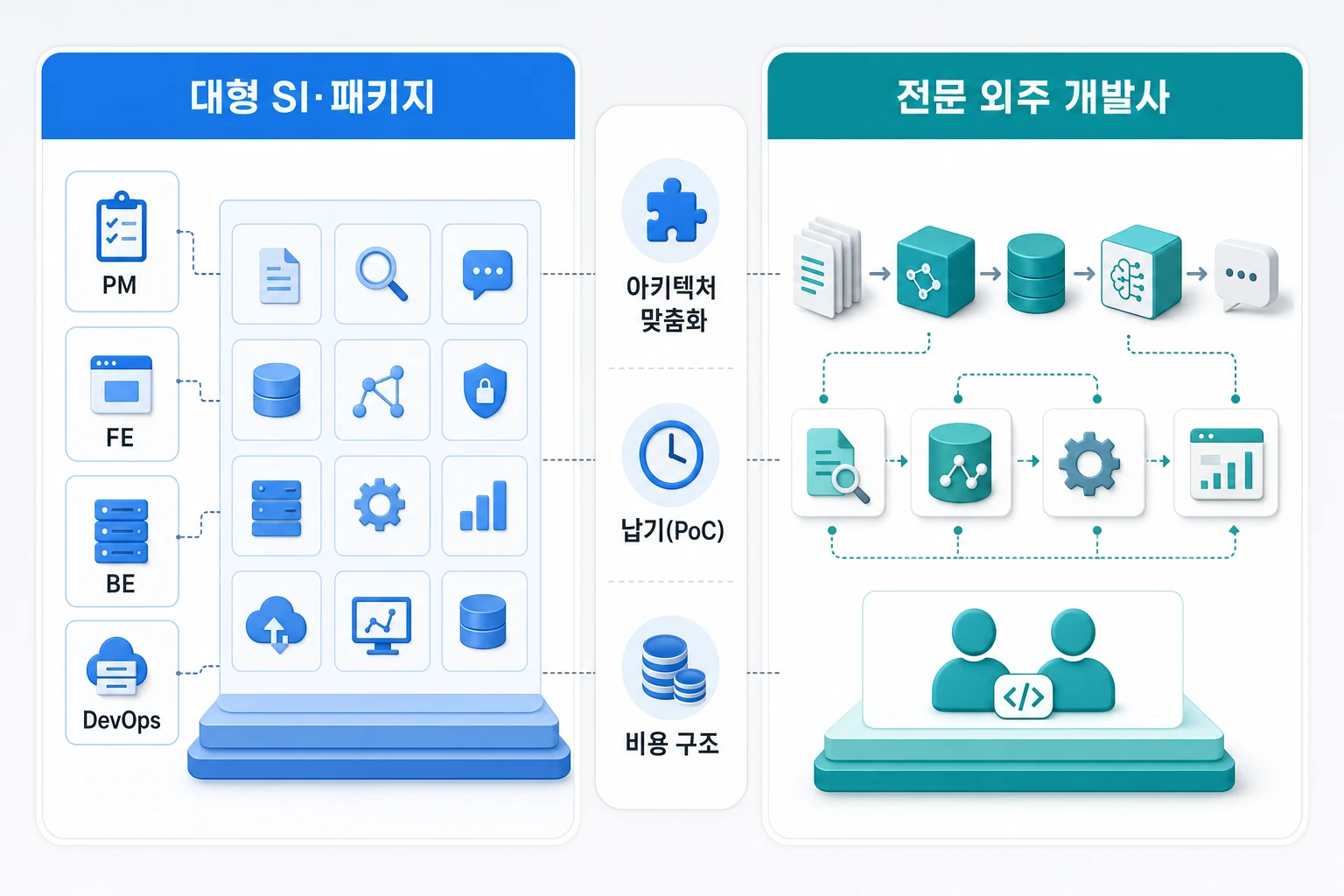 대형 SI 패키지 솔루션과 전문 외주 개발사의 RAG 공급사 유형 비교 다이어그램 — 아키텍처 맞춤화, 납기, 비용 구조 세 축으로 대조