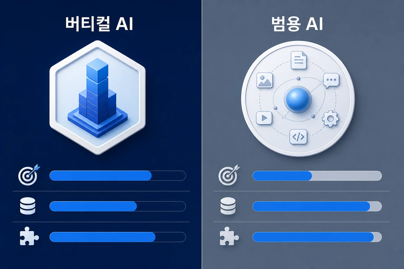 버티컬 AI vs 범용 AI 선택 기준 비교표 버티컬 AI와 범용 AI의 선택 기준을 도메인 전문성, 보안 환경 대응, 초기 도입 속도, 데이터 커스터마이징 깊이 축으로 비교한 다이어그램