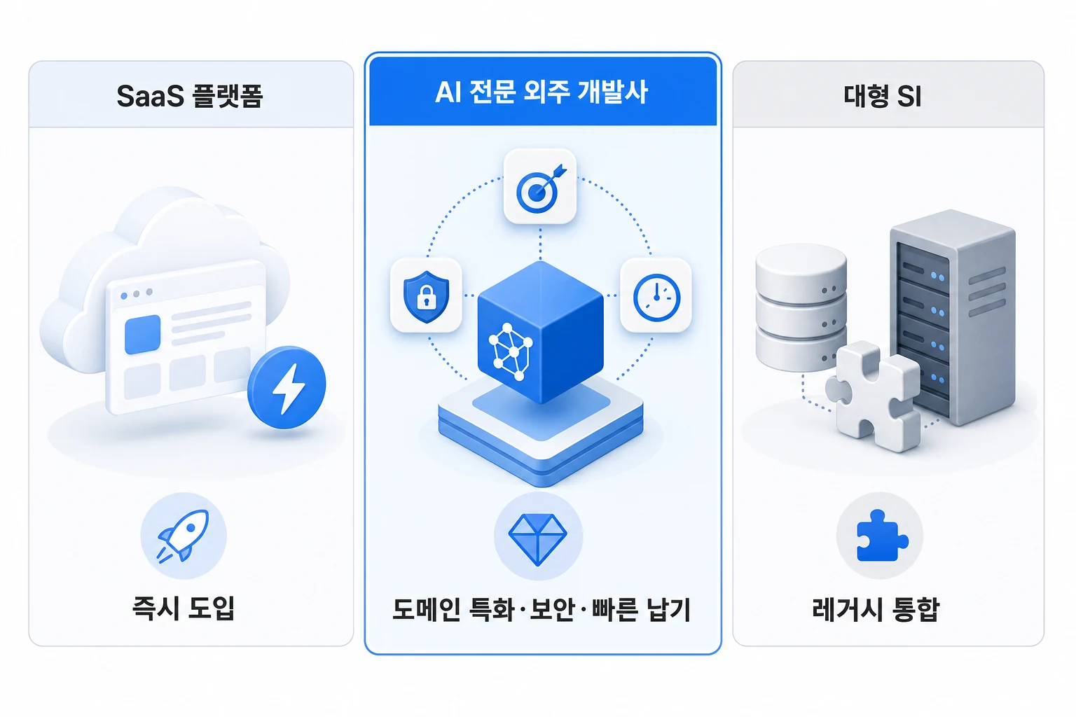 SaaS 플랫폼, AI 전문 외주 개발사, 대형 SI 세 가지 유형을 커스터마이징·납기·보안 기준으로 비교한 다이어그램